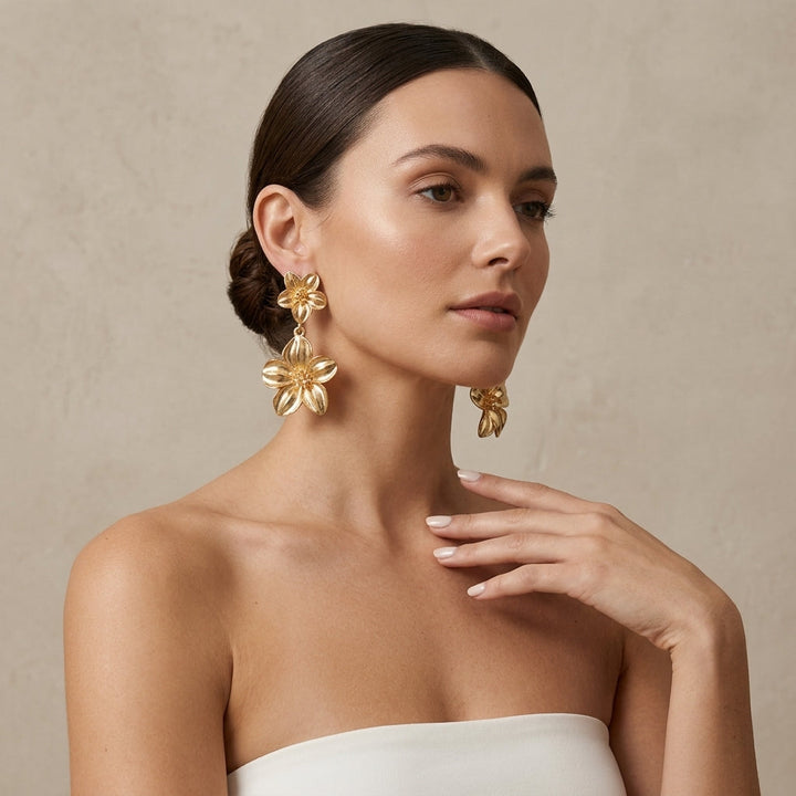 Gold Tone Double Metal Flower Drop Earrings For Wedding Evening Party