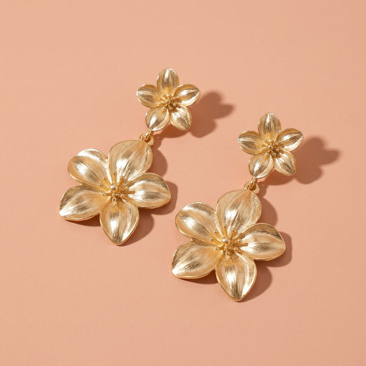 Gold Tone Double Metal Flower Drop Earrings For Wedding Evening Party