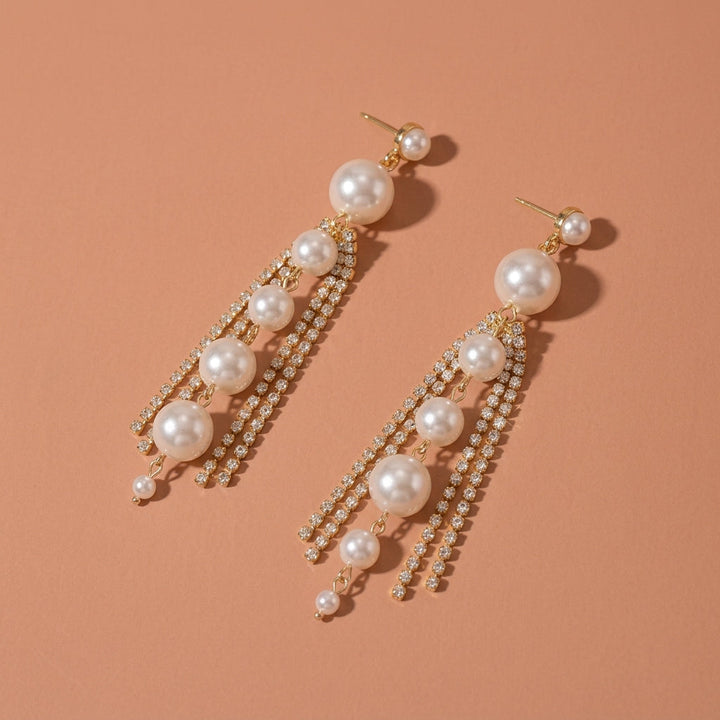 Gradient Size Pearl Rhinestone Tassel Drop Earrings For Wedding Evening Party