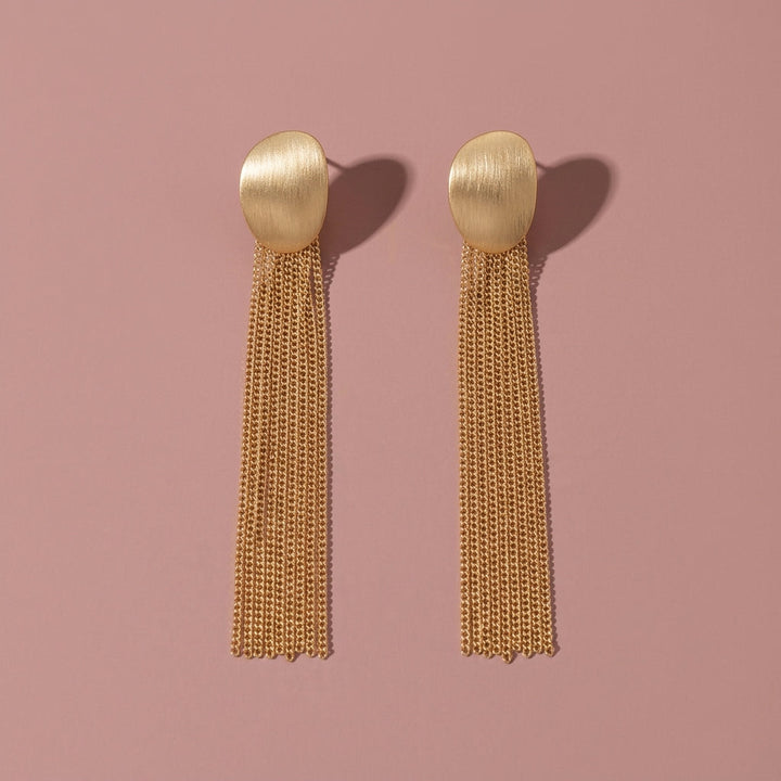 Brushed Oval Metal Plate Long Chain Tassel Drop Earrings For Wedding Evening Party