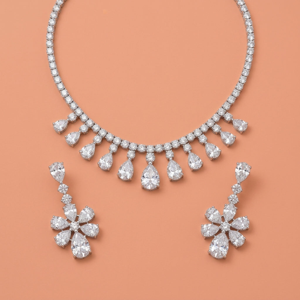 Teardrop Rhinestone Necklace And Floral Drop Earring Jewelry Set For Wedding Evening Party
