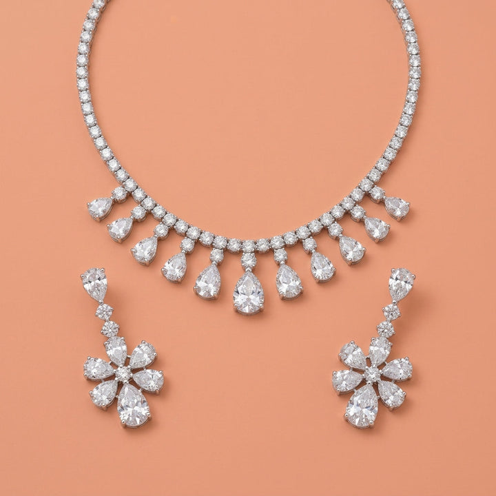 Teardrop Rhinestone Necklace And Floral Drop Earring Jewelry Set For Wedding Evening Party