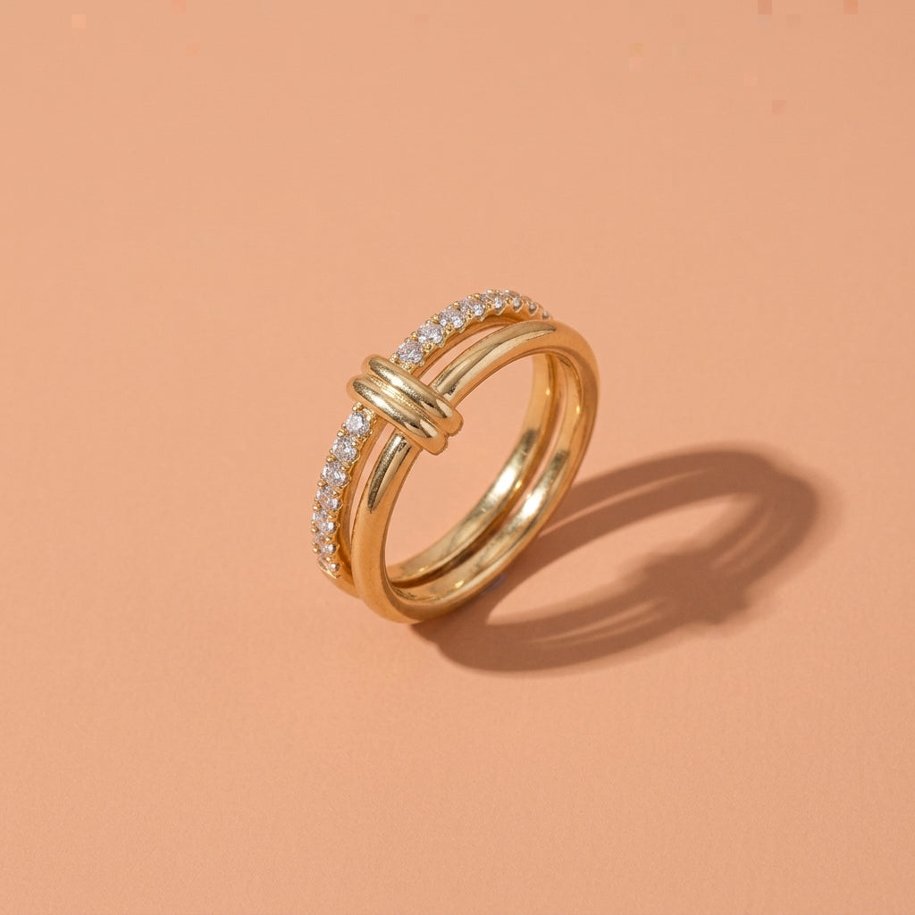 Interlocked Double Band Ring With Pave Rhinestone For Wedding Evening Party