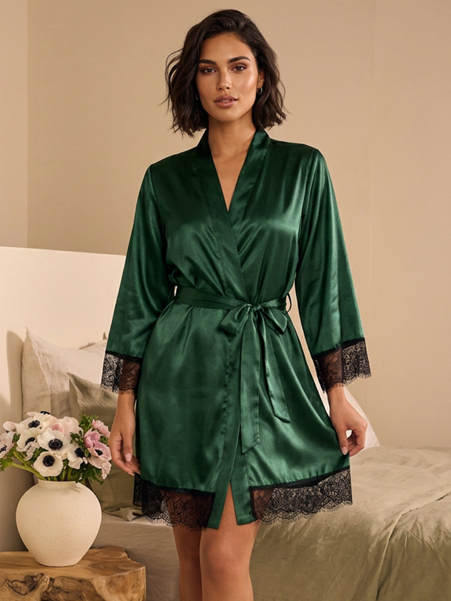 Satin Lace Robe for Women 3/4 Sleeve Wrap Nightgown Lingerie Sleepwear