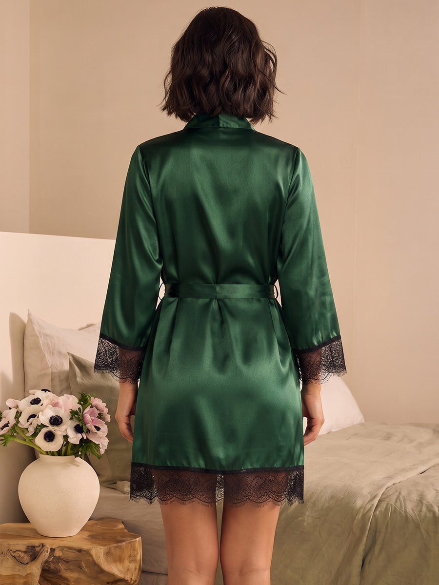 Satin Lace Robe for Women 3/4 Sleeve Wrap Nightgown Lingerie Sleepwear