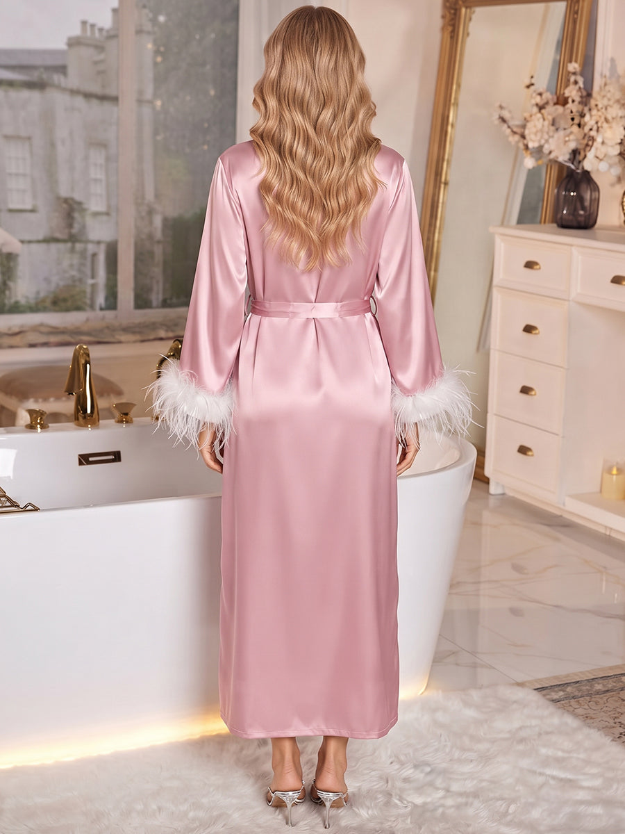 Satin Feather Cuff Long Robe Women Wrap Front Bridal Getting Ready Robe