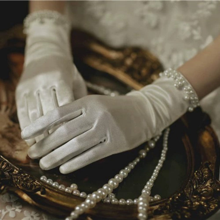 Women White Satin Long Gloves Elegant Pearl Decor Evening Party Gloves