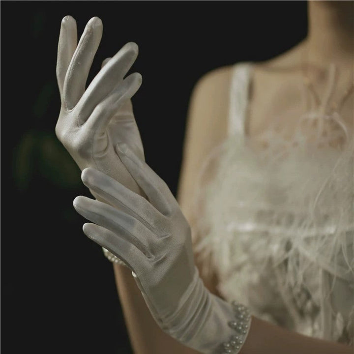 Women White Satin Long Gloves Elegant Pearl Decor Evening Party Gloves