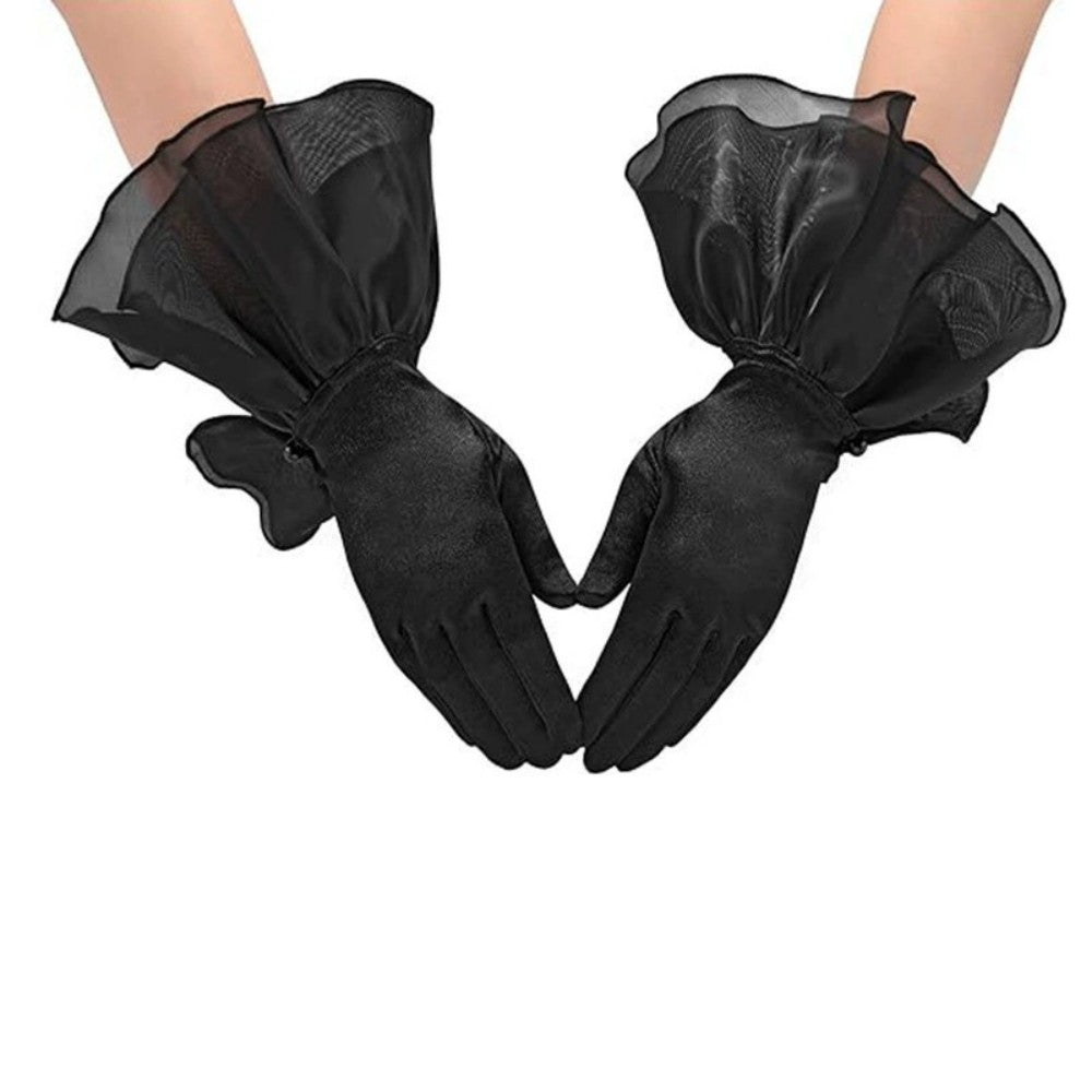 Black Satin Gloves with Organza Ruffle Cuffs for Party