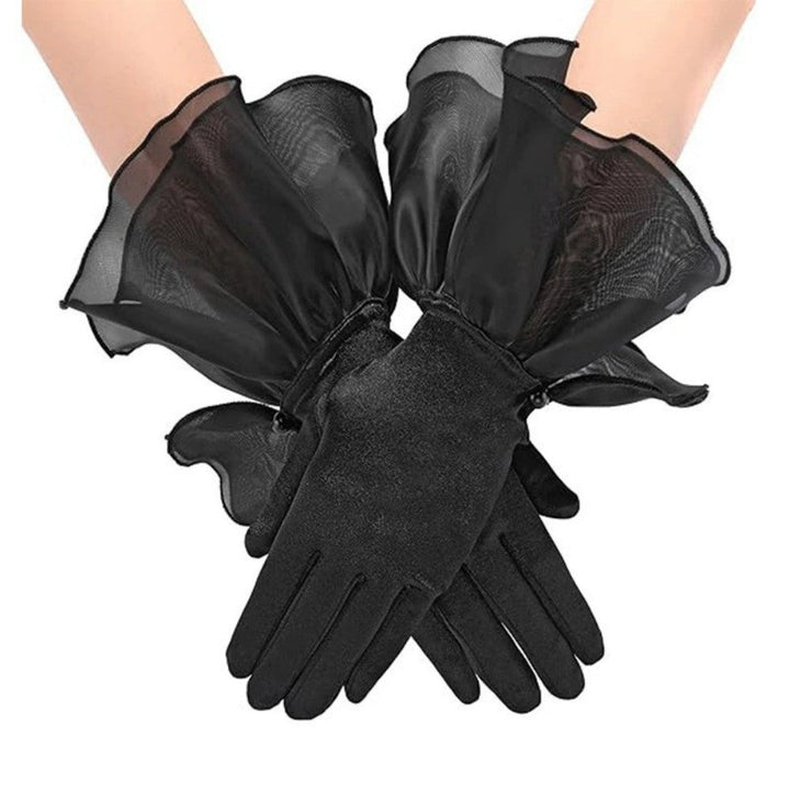 Black Satin Gloves with Organza Ruffle Cuffs for Party