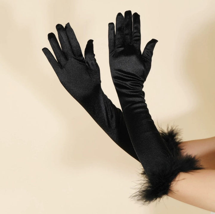 Long Satin Feather Gloves for Evening Party