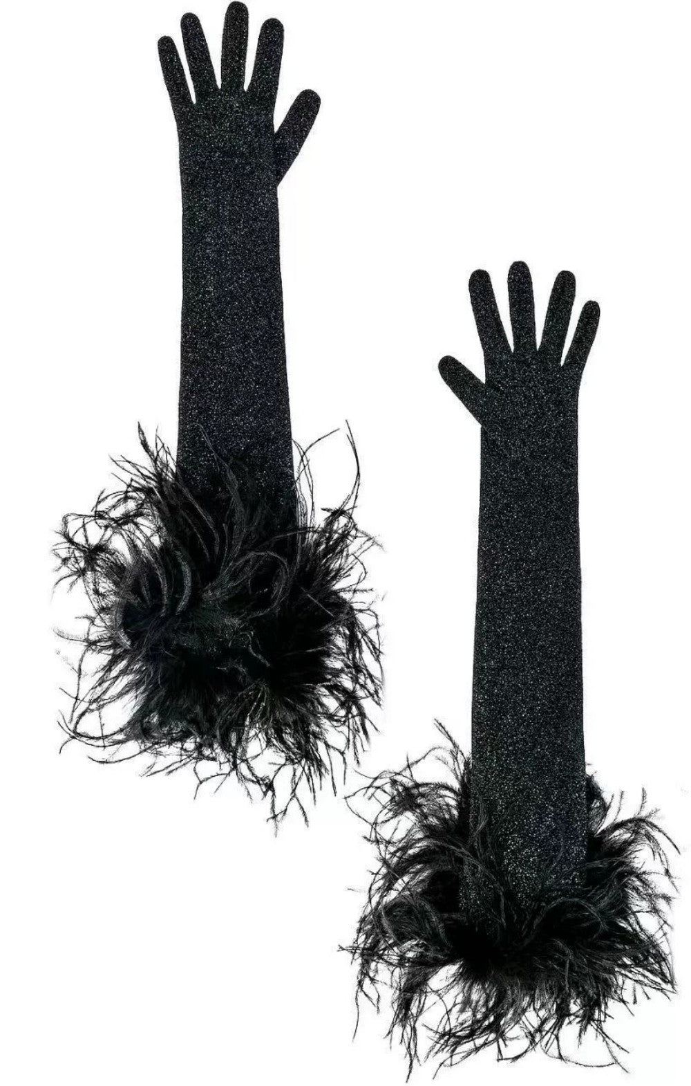 Long Sparkly Glitter Gloves with Feather Trim for Halloween Party