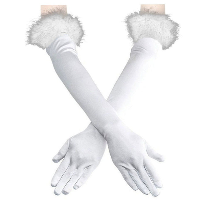 Long Stretch Gloves with Feather Cuffs for 1920s Party