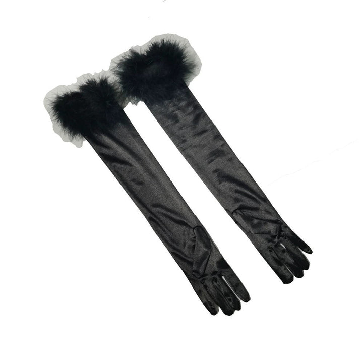 Long Stretch Gloves with Feather Cuffs for 1920s Party