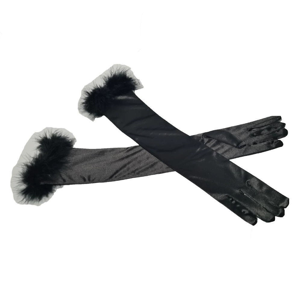 Long Stretch Gloves with Feather Cuffs for 1920s Party