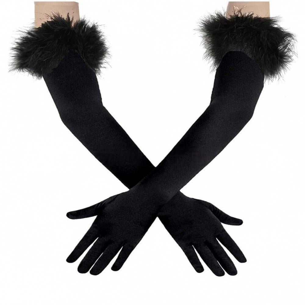 Long Stretch Gloves with Feather Cuffs for 1920s Party