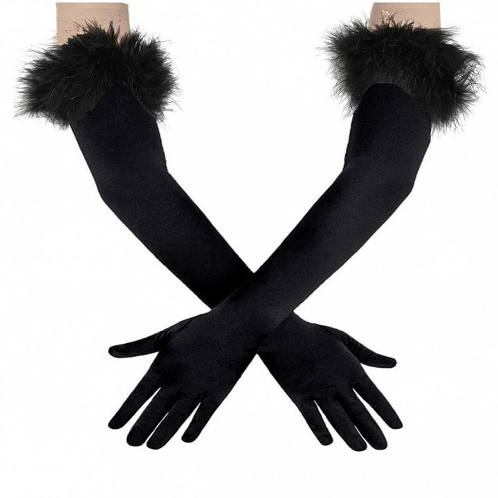 Long Stretch Gloves with Feather Cuffs for 1920s Party