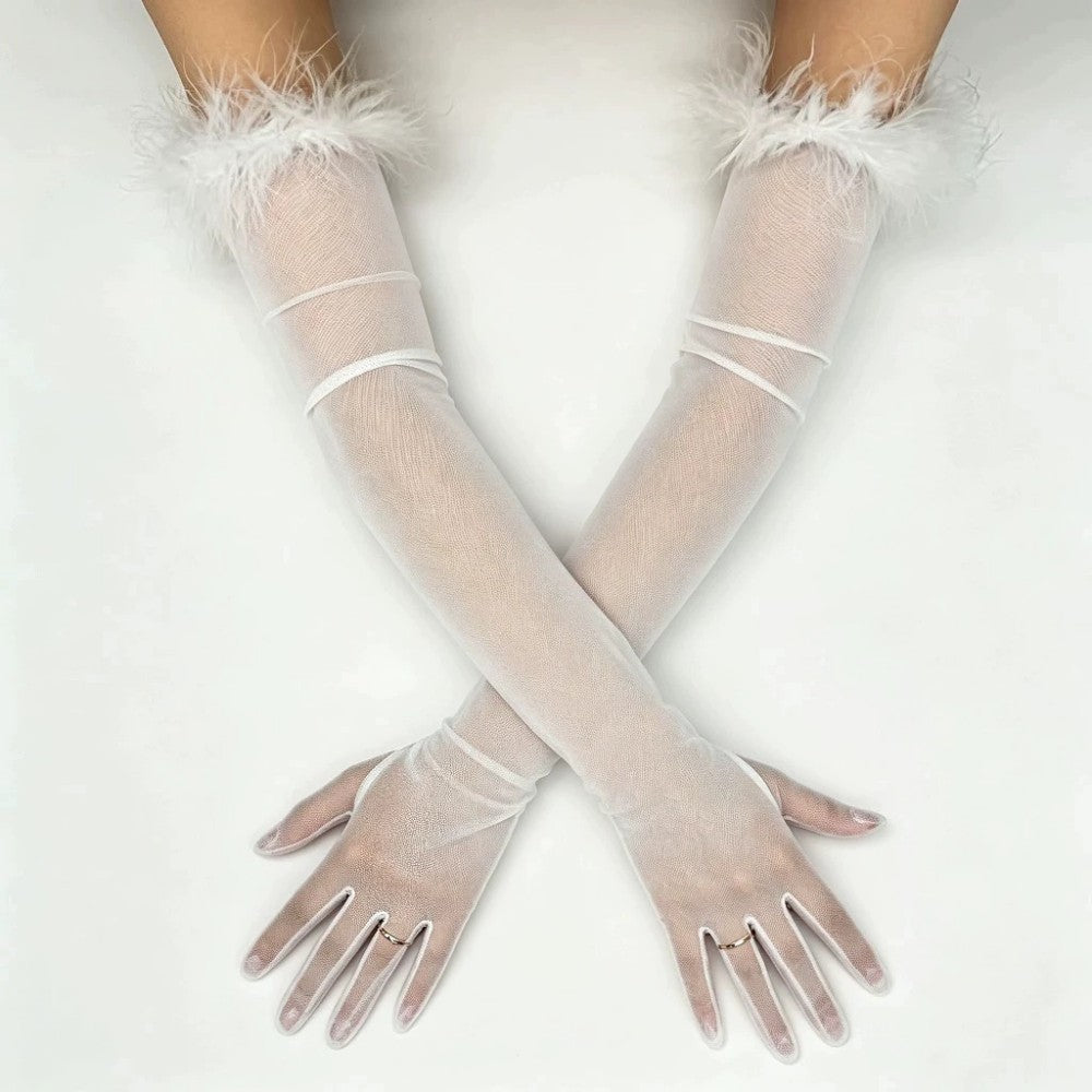 Long Sheer Tulle Gloves with Feather Trim for Wedding and Halloween Party