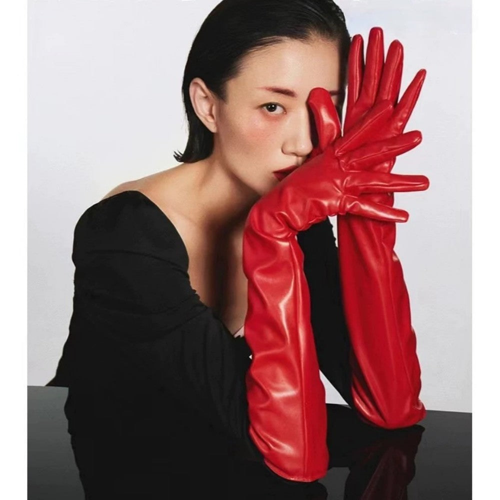 Long Faux Leather PU Gloves 50cm for Stage Show and Evening Costume