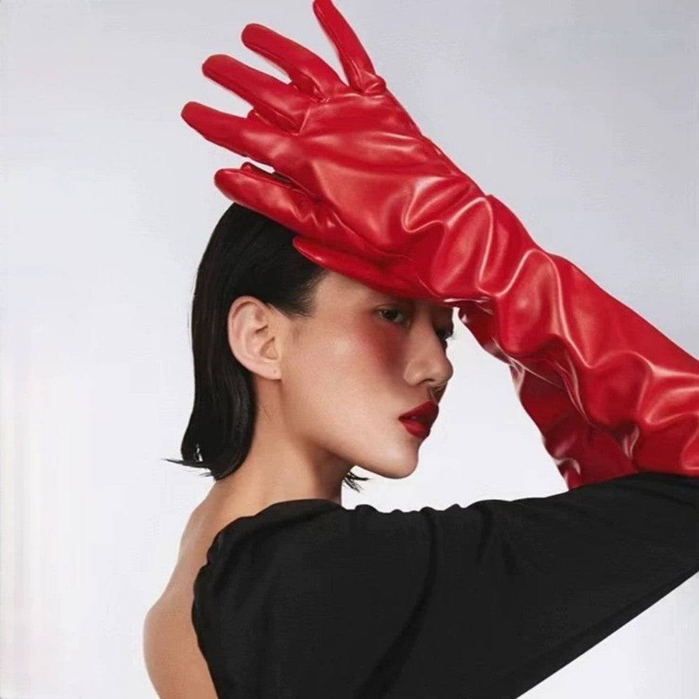 Long Faux Leather PU Gloves 50cm for Stage Show and Evening Costume