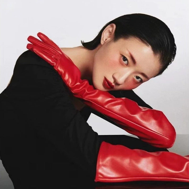 Long Faux Leather PU Gloves 50cm for Stage Show and Evening Costume