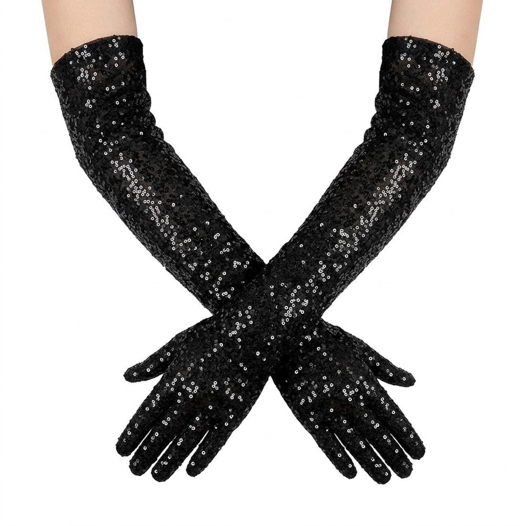 Long Sequin Glitter Stretch Gloves for Halloween Party and Stage Performance