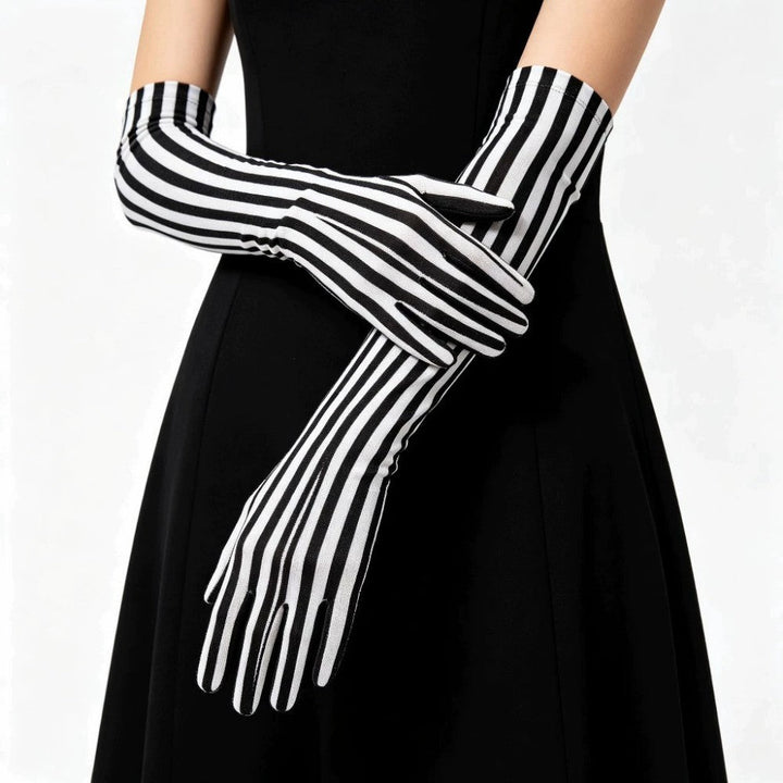 Long Black and White Striped Stretch Gloves for Halloween Cosplay and Stage Part