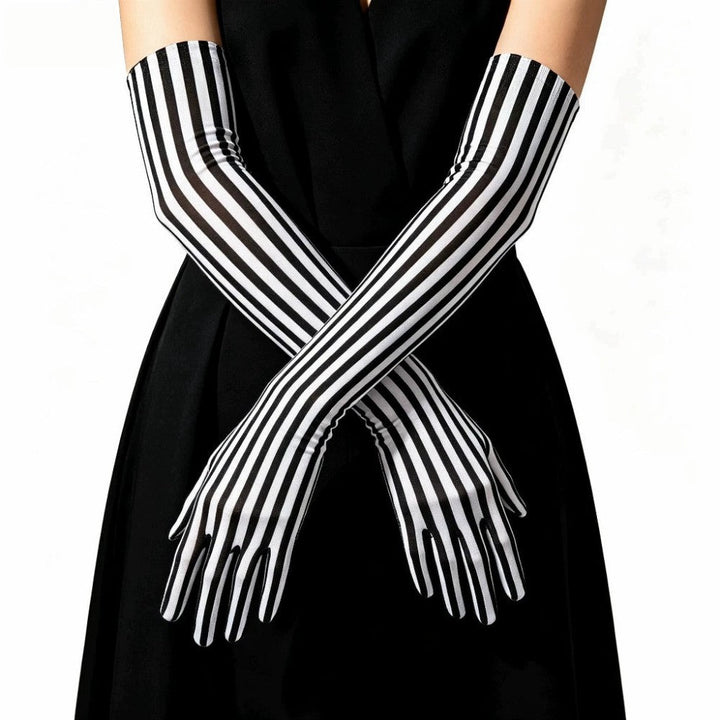 Long Black and White Striped Stretch Gloves for Halloween Cosplay and Stage Part