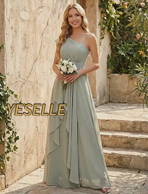 Lightweight Chiffon One Shoulder Ruched Waist Asymmetric Ruffles Maxi Bridesmaid Dresses with Slit
