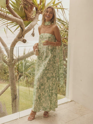 Strapless Floral A Line Formal Dresses with Scarf