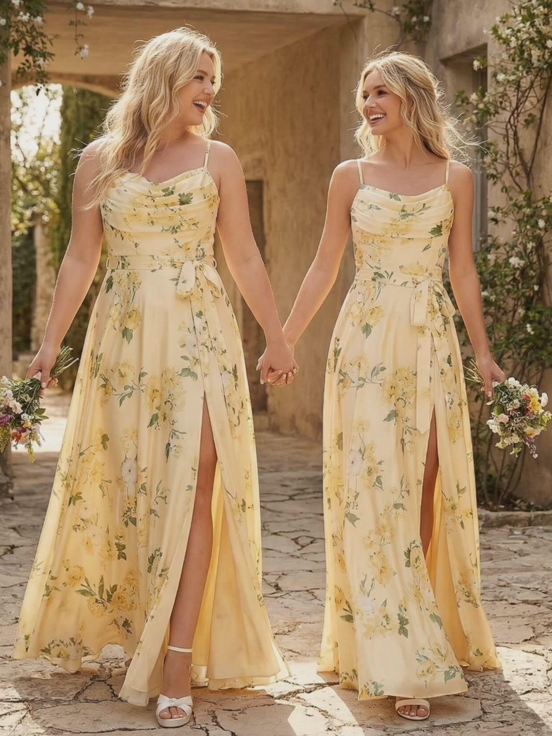 Cowl Neck Floral Side Slit Chiffon Pleated Bridesmaid Dresses