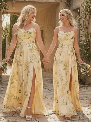 Cowl Neck Floral Side Slit Chiffon Pleated Bridesmaid Dresses
